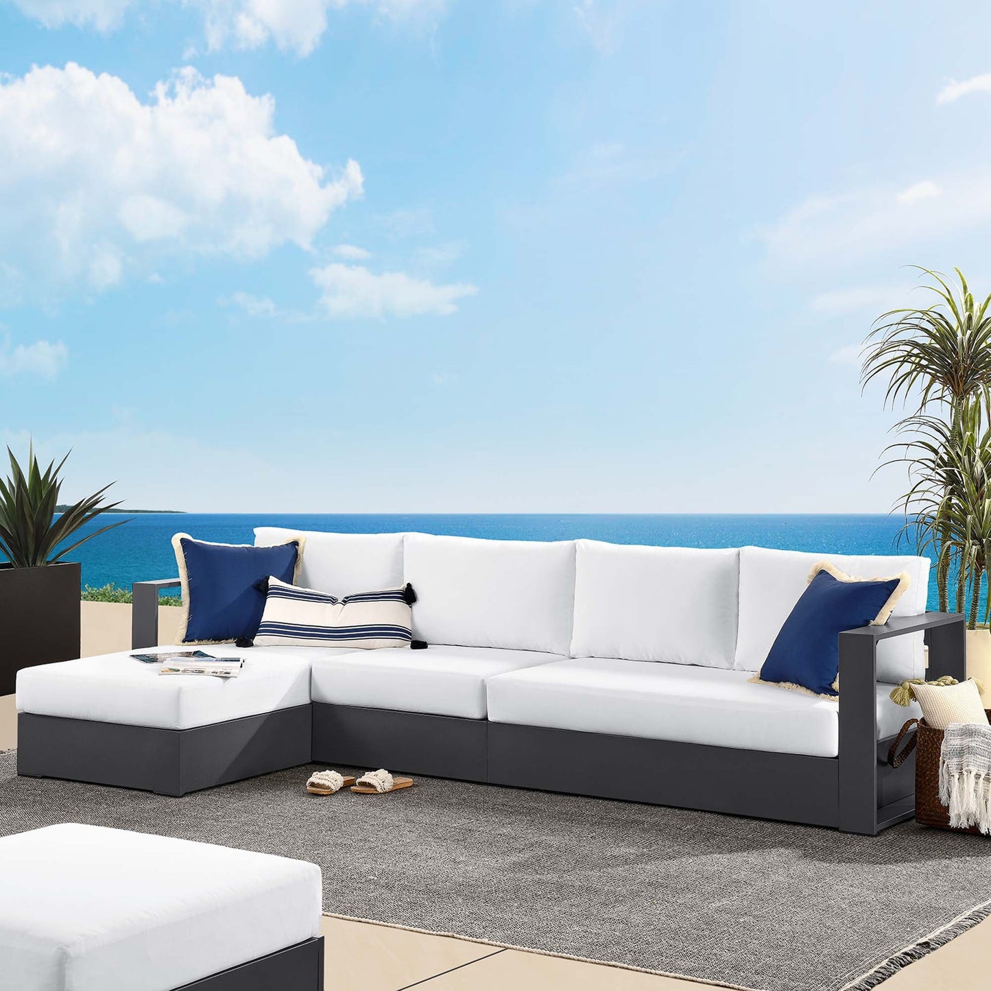 Tahoe 3-Piece Outdoor Patio Powder-Coated Aluminum Left-Facing Chaise Sectional Sofa Set by Modway EEI-6672-GRY-WHI