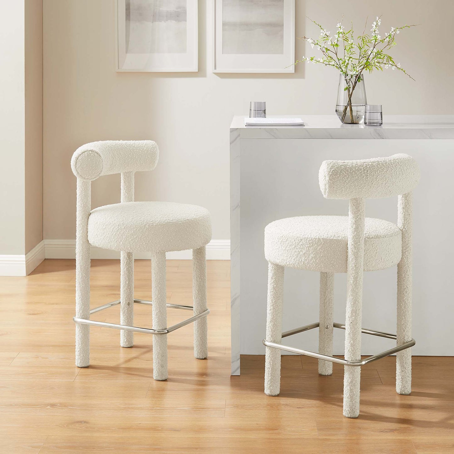 Toulouse Boucle Fabric Counter Stool Set of 2 by Modway EEI-6707-IVO-SLV