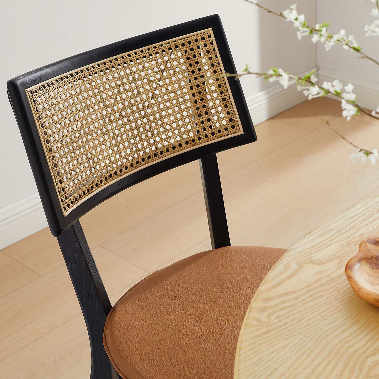 Caledonia Vegan Leather Upholstered Wood Dining Chairs Set of 2 by Modway EEI-6732-BLK-TAN