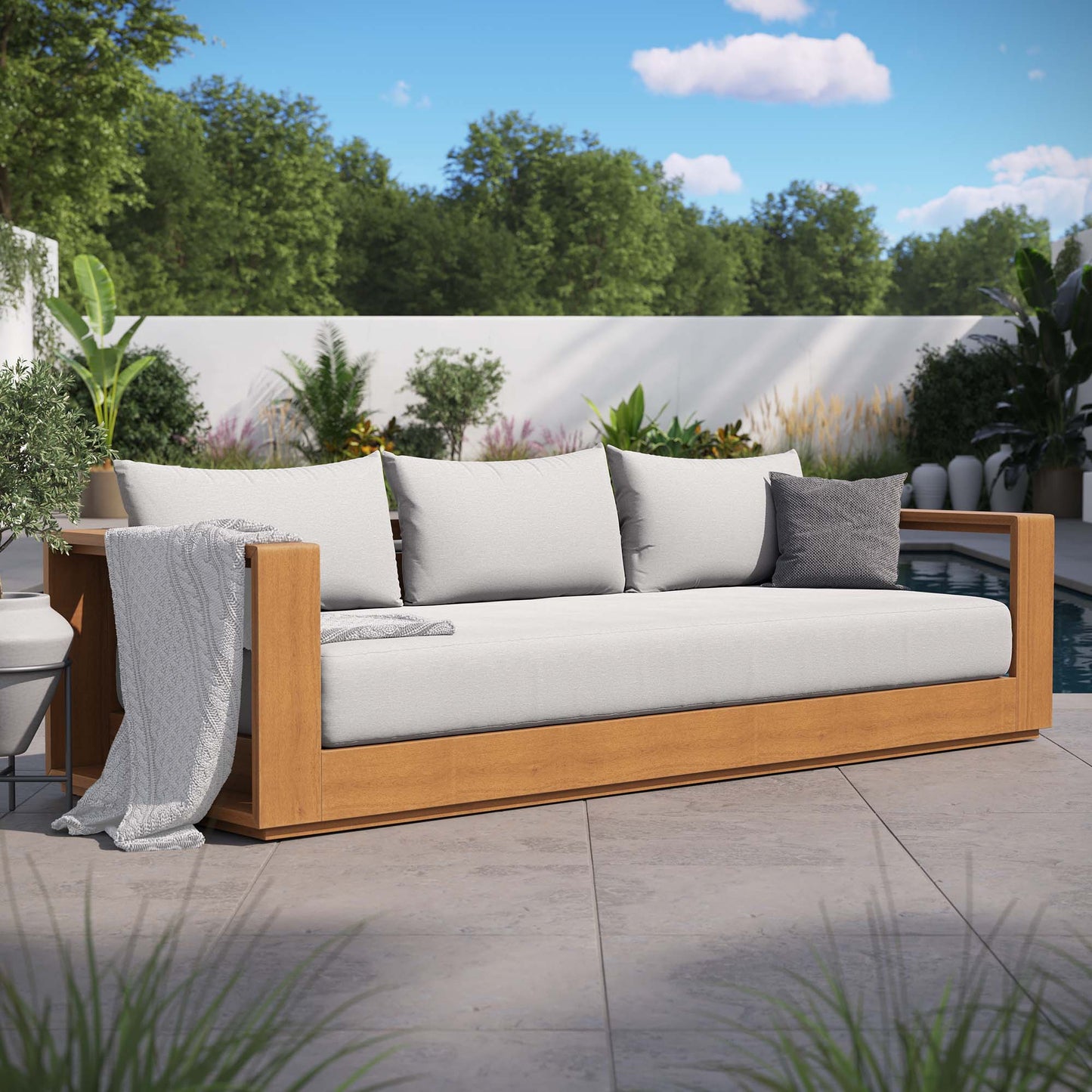 Tahoe Outdoor Patio Acacia Wood Sofa by Modway EEI-6784-NAT-LGR