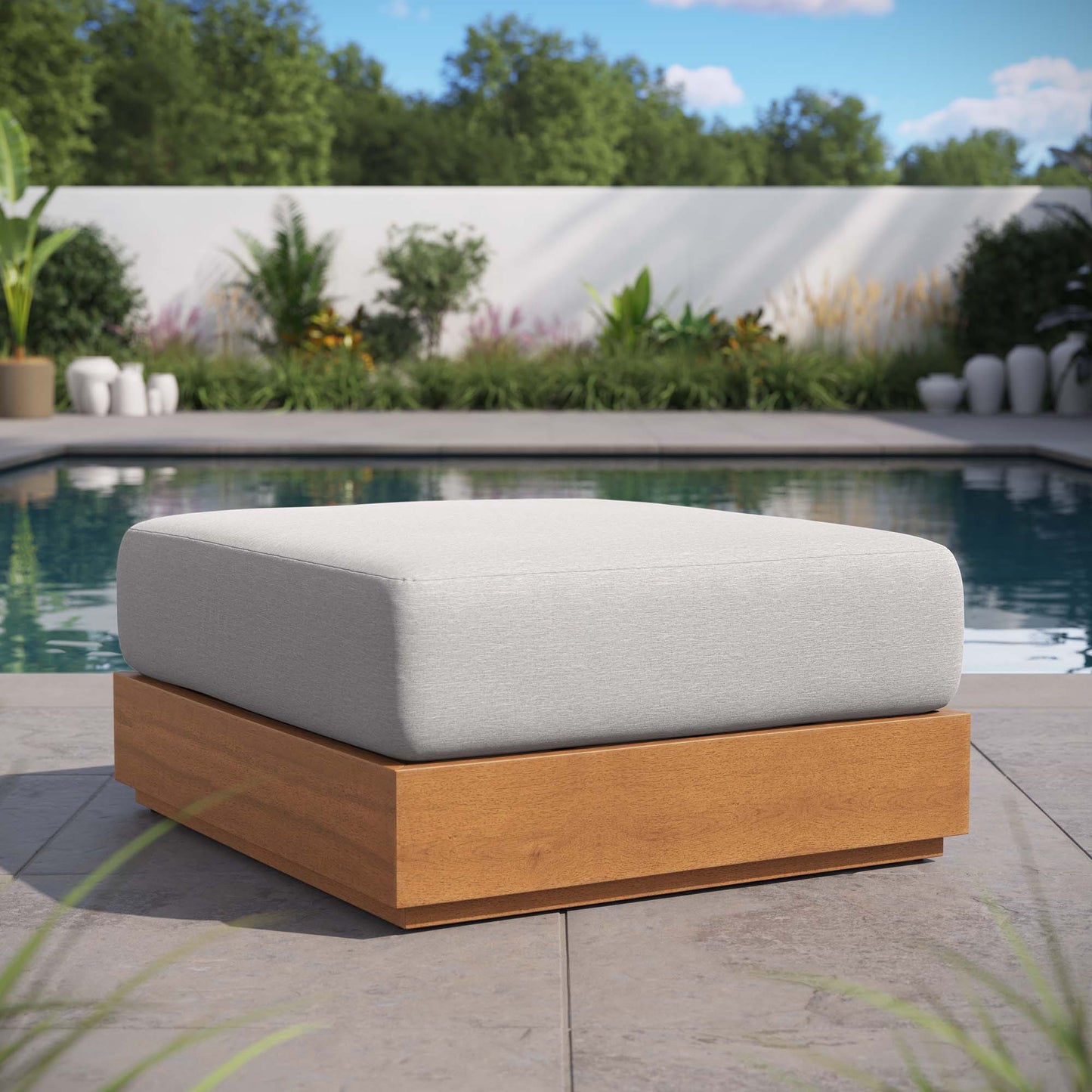 Tahoe Outdoor Patio Acacia Wood Ottoman by Modway EEI-6785-NAT-LGR