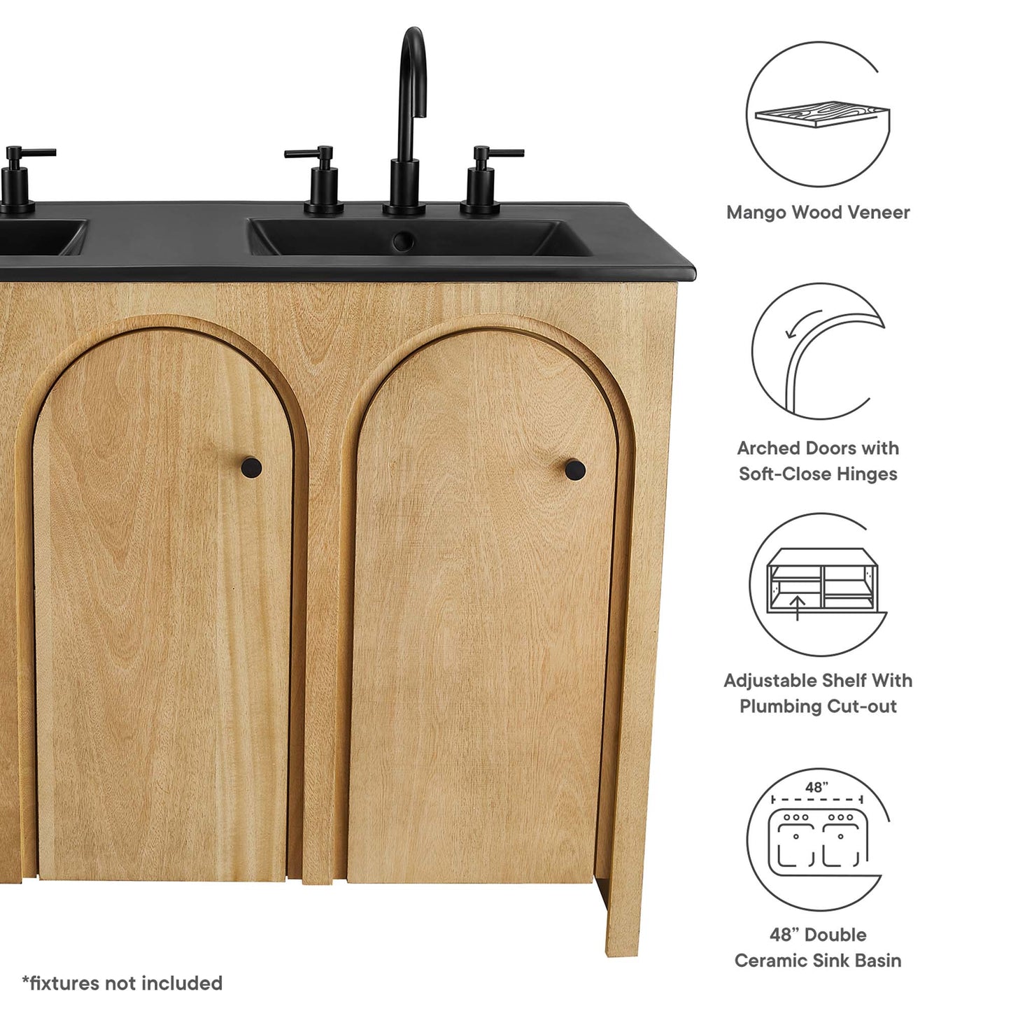 Appia 48" Double Sink Bathroom Vanity by Modway EEI-6793-OAK-BLK