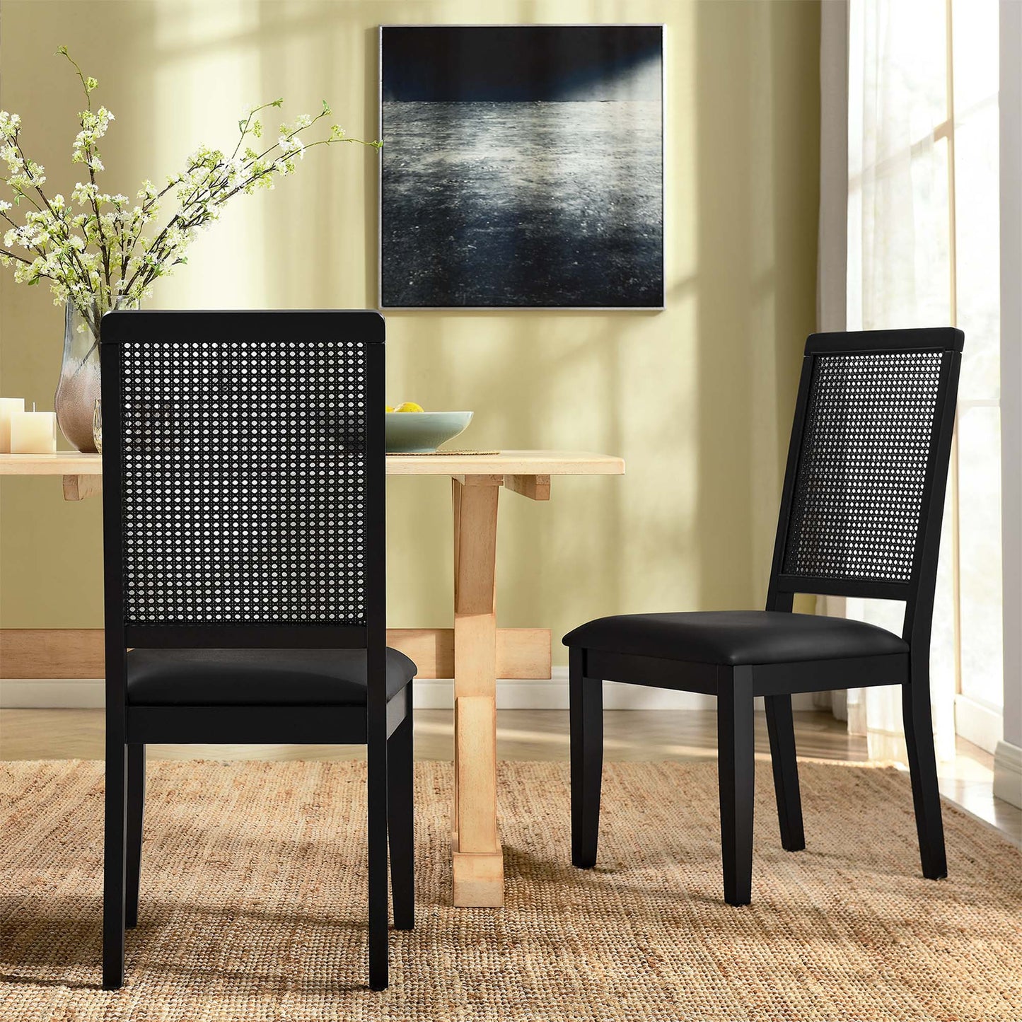 Arlo Vegan Leather Upholstered Faux Rattan and Wood Dining Side Chairs Set of 2 by Modway EEI-6802-BLK-BLK-BLK