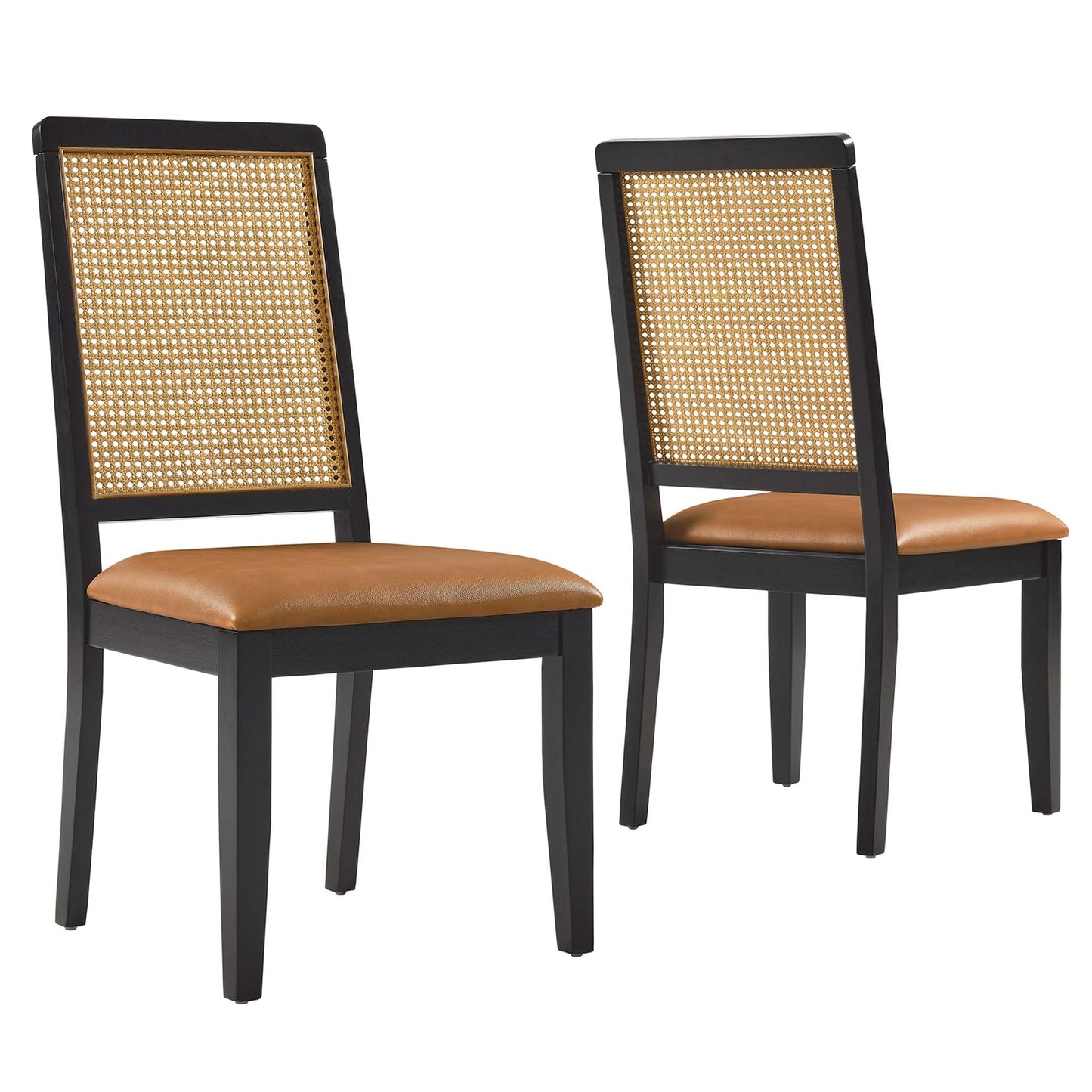 Arlo Vegan Leather Upholstered Faux Rattan and Wood Dining Side Chairs Set of 2 by Modway EEI-6802-BLK-NAT-TAN