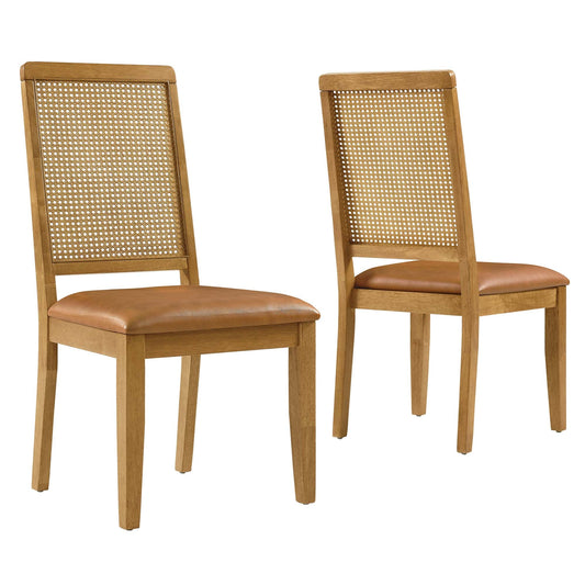 Arlo Vegan Leather Upholstered Faux Rattan and Wood Dining Side Chairs Set of 2 by Modway EEI-6802-NAT-NAT-TAN