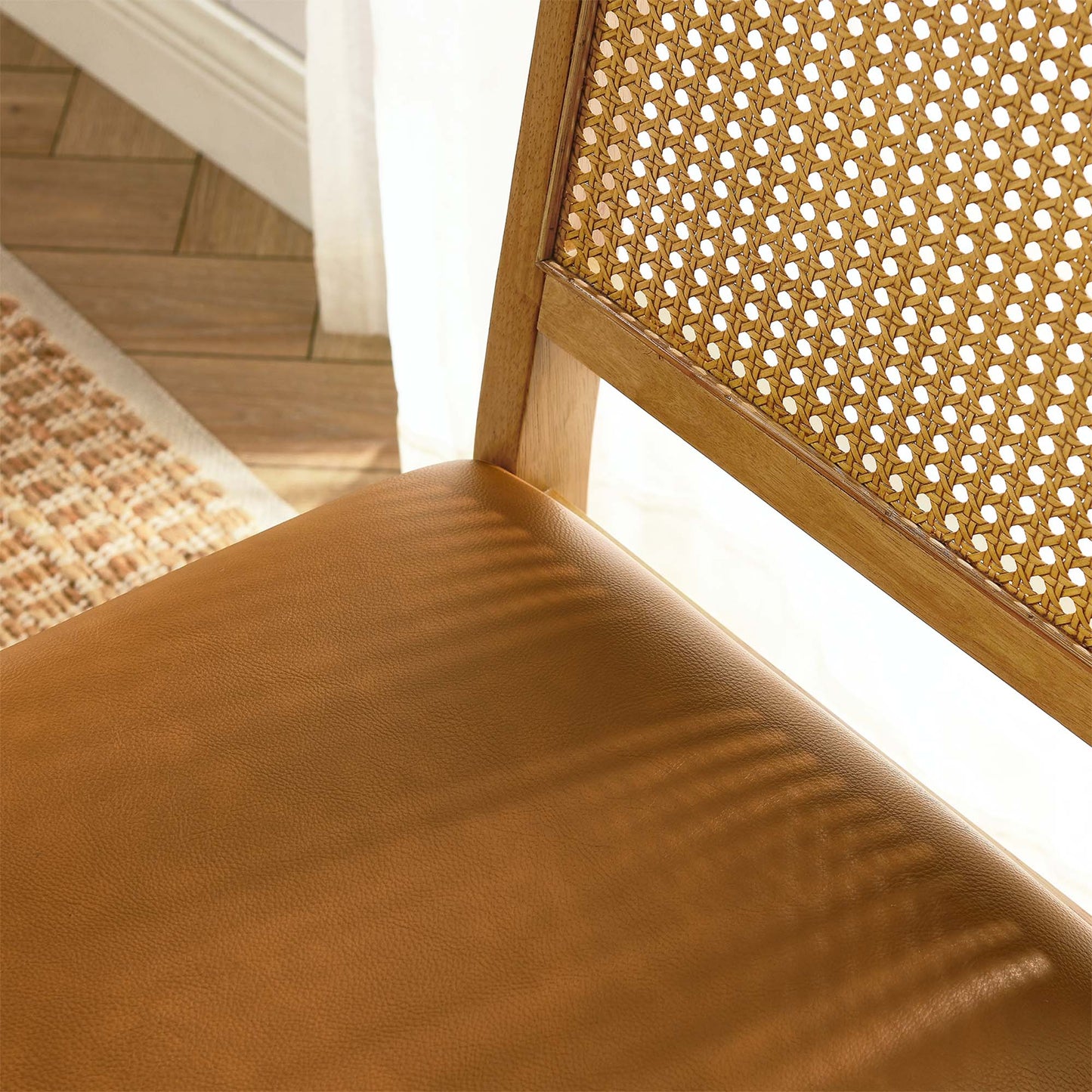 Arlo Vegan Leather Upholstered Faux Rattan and Wood Dining Side Chairs Set of 2 by Modway EEI-6802-NAT-NAT-TAN