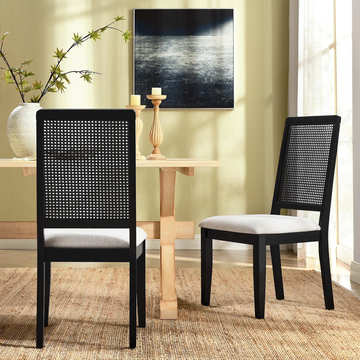 Arlo Faux Rattan and Wood Dining Side Chairs Set of 2 by Modway EEI-6803-BLK-BLK-HEI