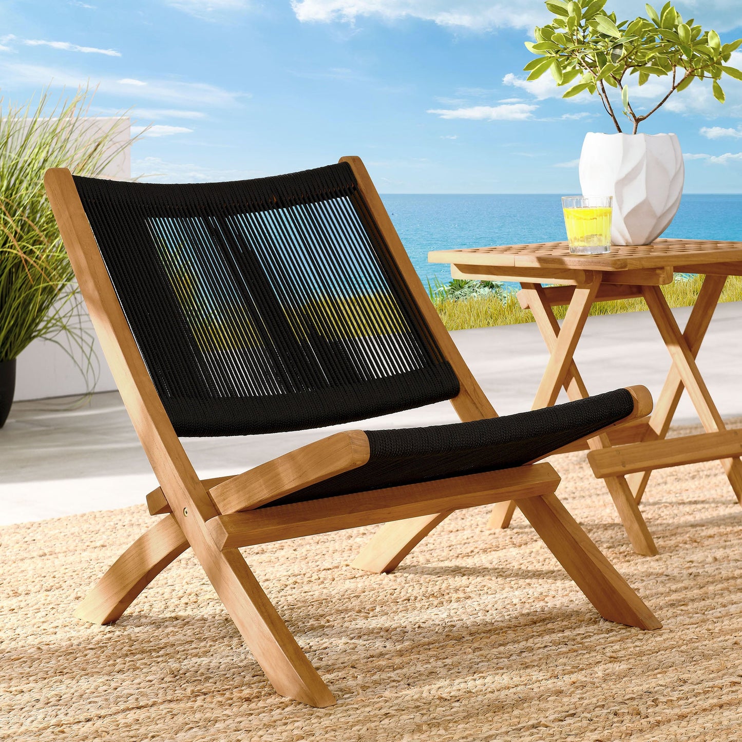 Vienna Outdoor Patio Teak and Rope Folding Accent Lounge Chair by Modway EEI-6808-NAT-BLK