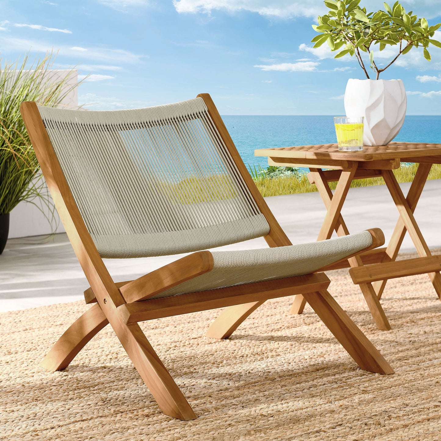 Vienna Outdoor Patio Teak and Rope Folding Accent Lounge Chair by Modway EEI-6808-NAT-NAT