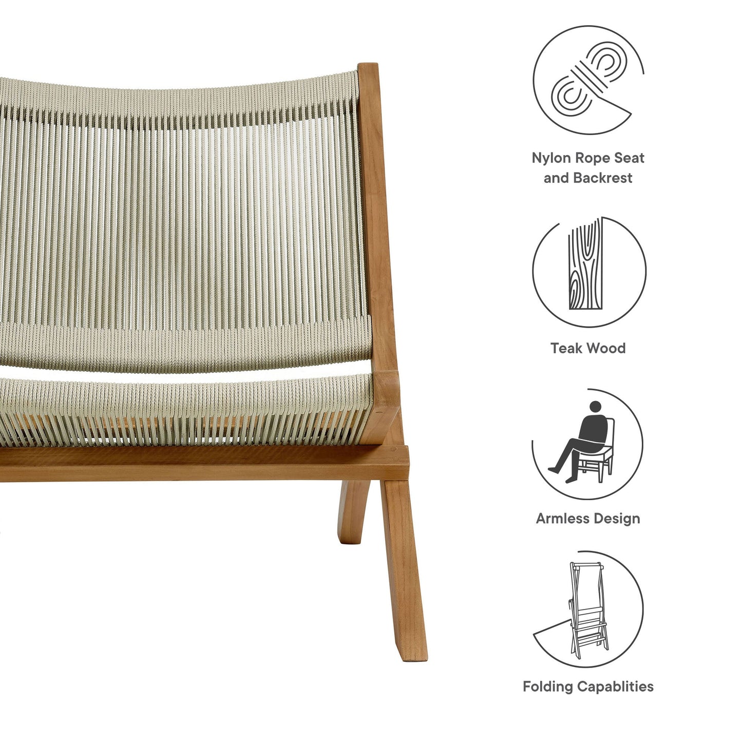 Vienna Outdoor Patio Teak and Rope Folding Accent Lounge Chair by Modway EEI-6808-NAT-NAT