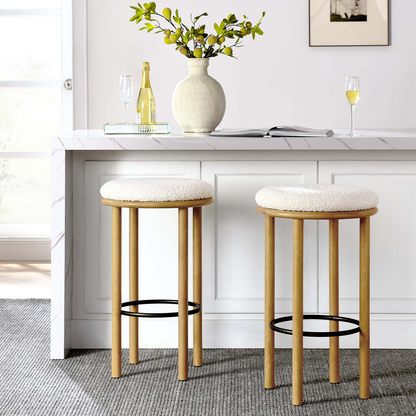 Fable Boucle Fabric Bar Stools Set of 2 by Modway EEI-6819-OAK-IVO