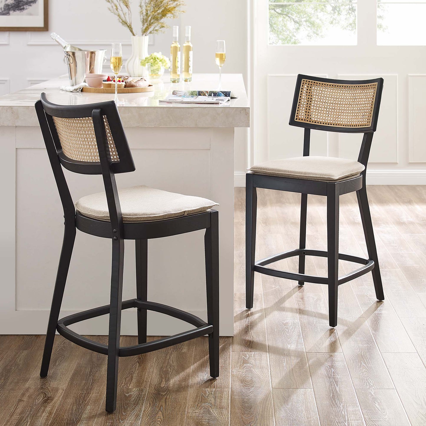 Caledonia Wood Counter Stools Set of 2 by Modway EEI-6821-BLK-BEI