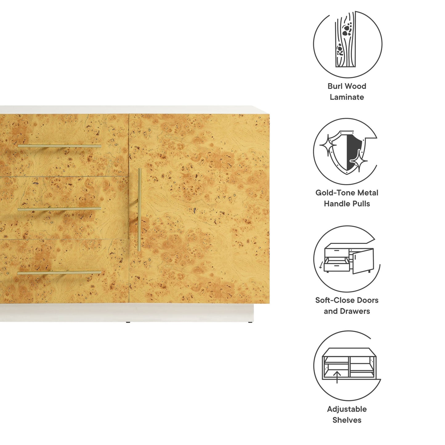 Abel 59 Inch Burl Wood Sideboard Buffet TV Stand by Modway EEI-6848-WHI-BUR