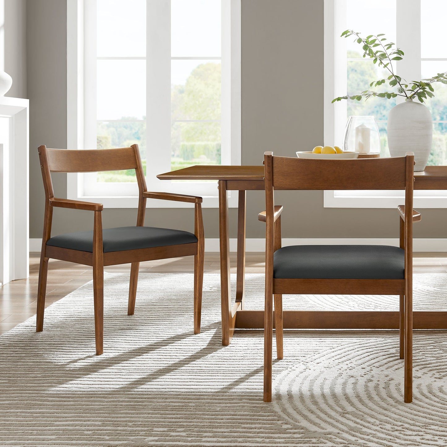 Solara Fabric and Vegan Leather Wood Dining Armchairs Set of 2 by Modway