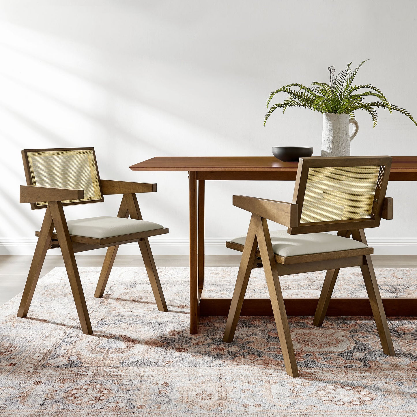 Thera Vegan Leather and Cane Dining Chairs and Armchairs Set of 2 by Modway