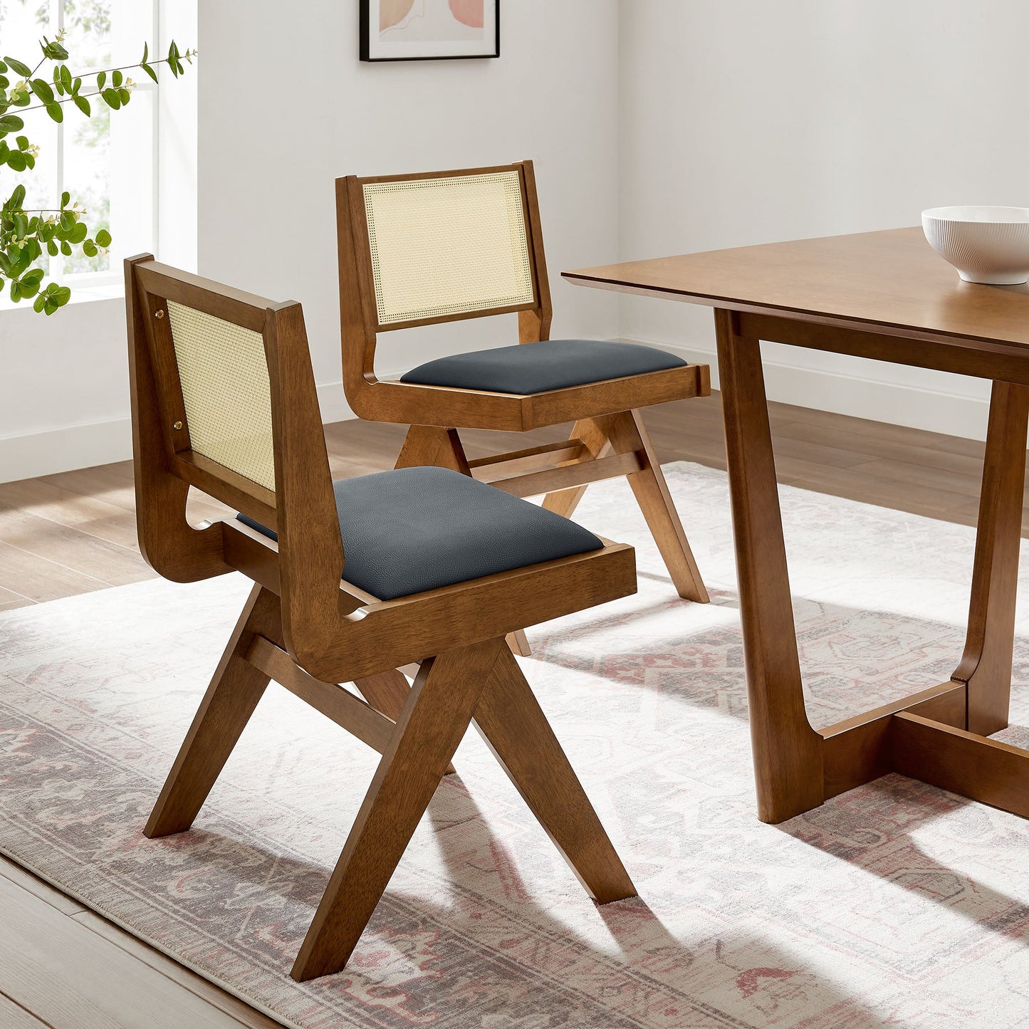 Thera Vegan Leather and Cane Dining Chairs and Armchairs Set of 2 by Modway