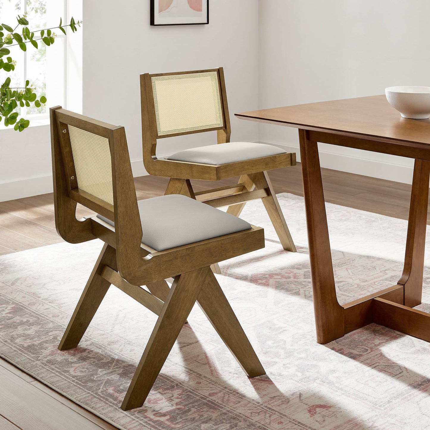 Thera Vegan Leather and Cane Dining Chairs and Armchairs Set of 2 by Modway