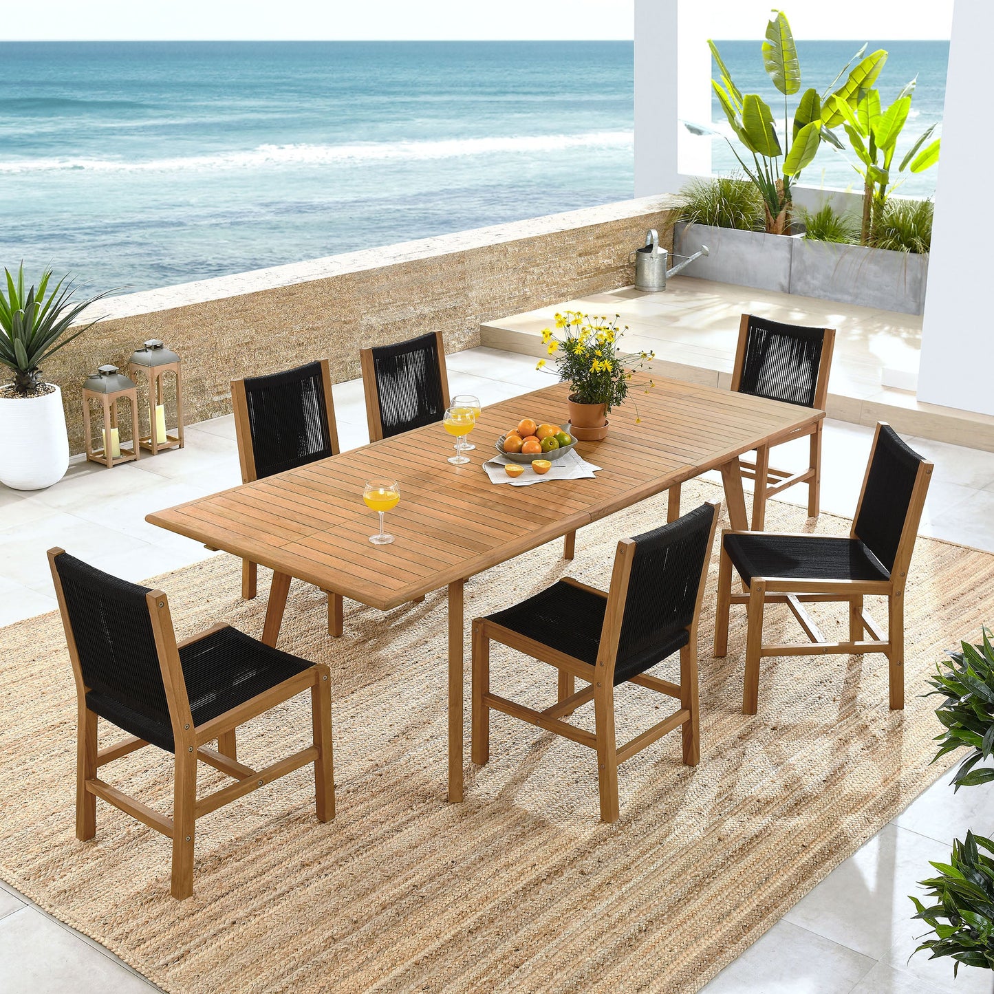 Vienna 7-Piece Outdoor Patio Teak and Rope Dining Set with Armless Chairs by Modway EEI-6927-NAT-BLK