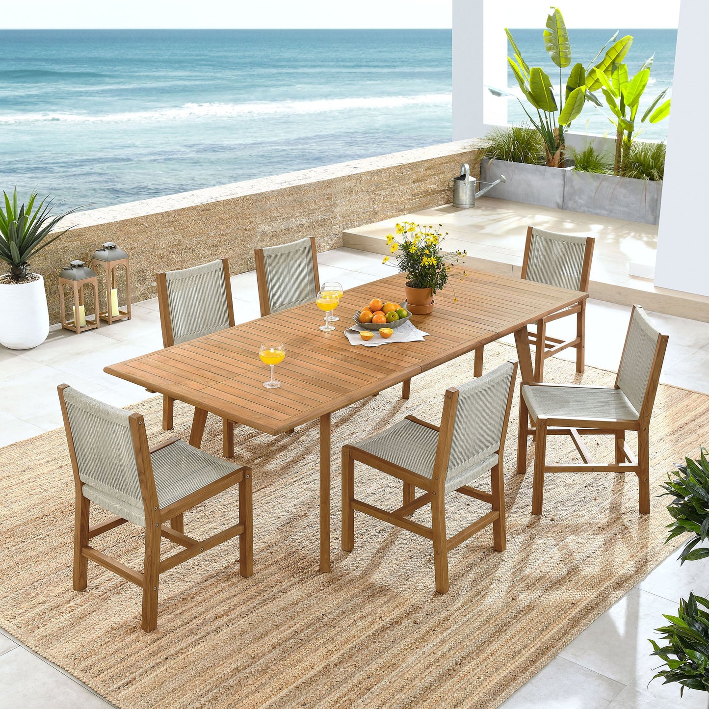 Vienna 7-Piece Outdoor Patio Teak and Rope Dining Set with Armless Chairs by Modway EEI-6927-NAT-NAT