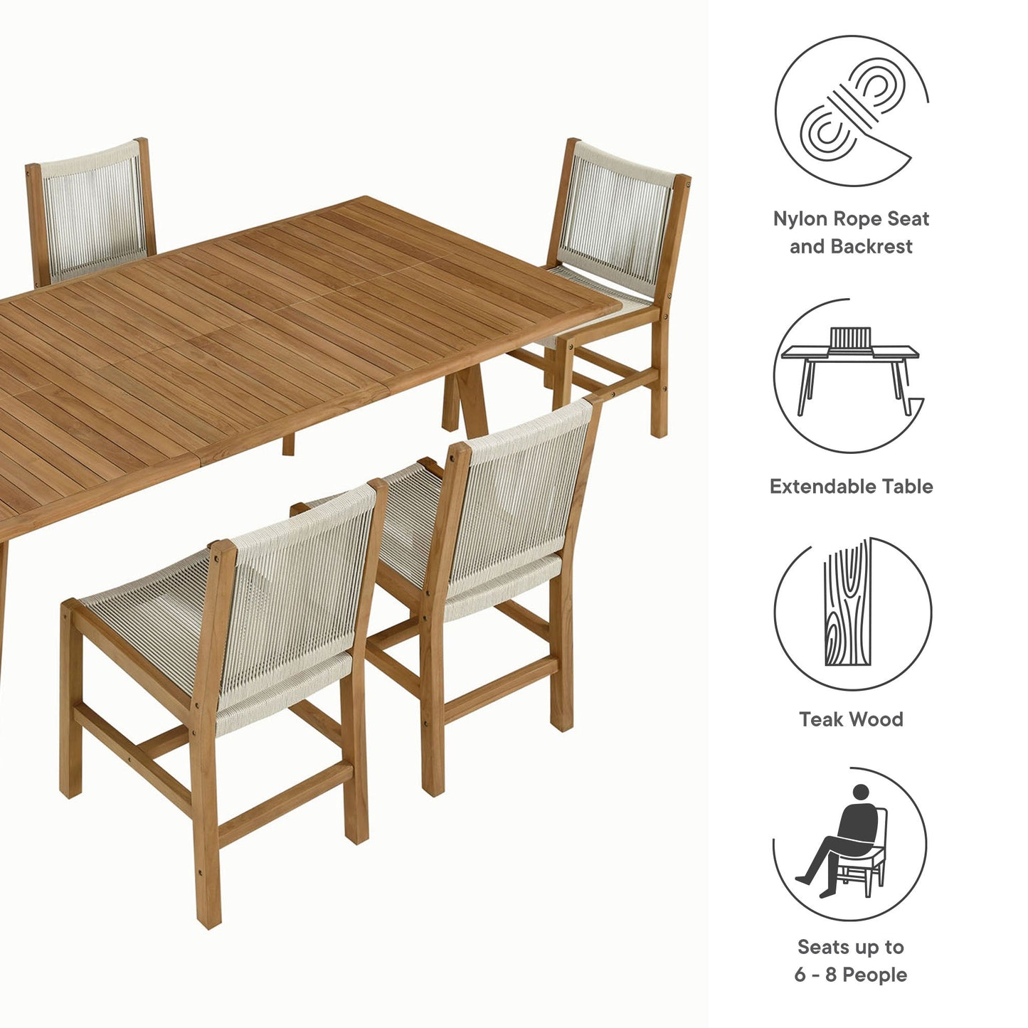 Vienna 7-Piece Outdoor Patio Teak and Rope Dining Set with Armless Chairs by Modway EEI-6927-NAT-NAT