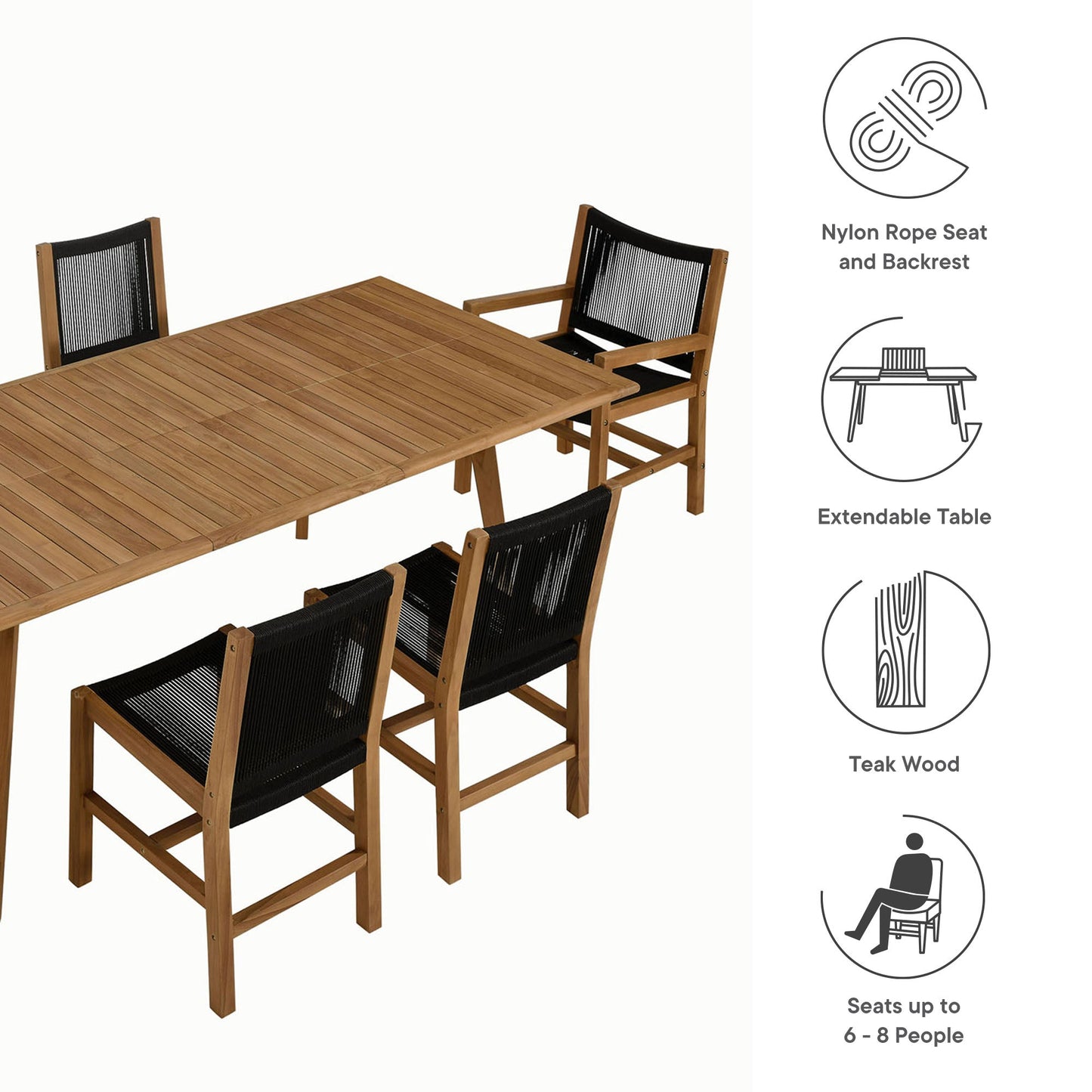 Vienna 7-Piece Outdoor Patio Teak and Rope Dining Set by Modway EEI-6928-NAT-BLK