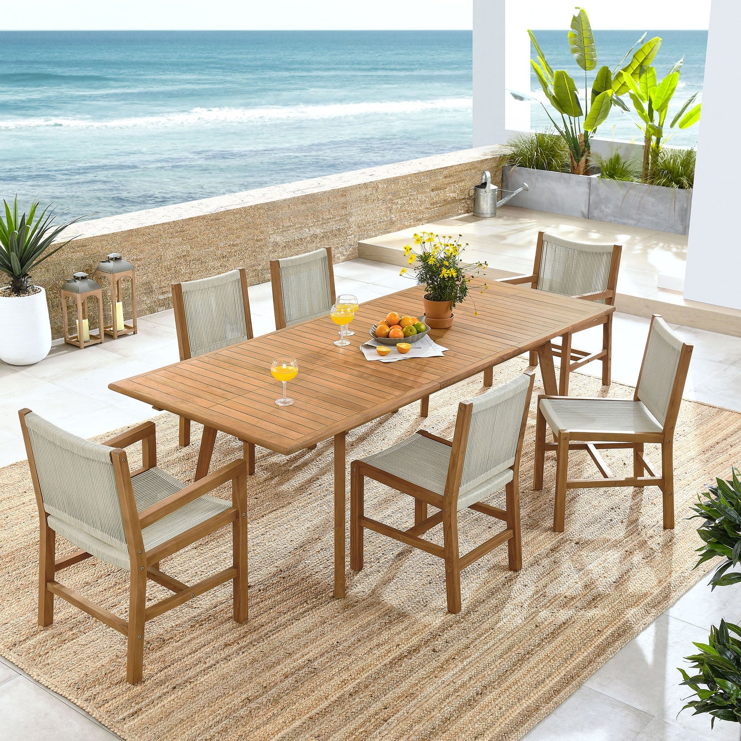 Vienna 7-Piece Outdoor Patio Teak and Rope Dining Set by Modway EEI-6928-NAT-NAT
