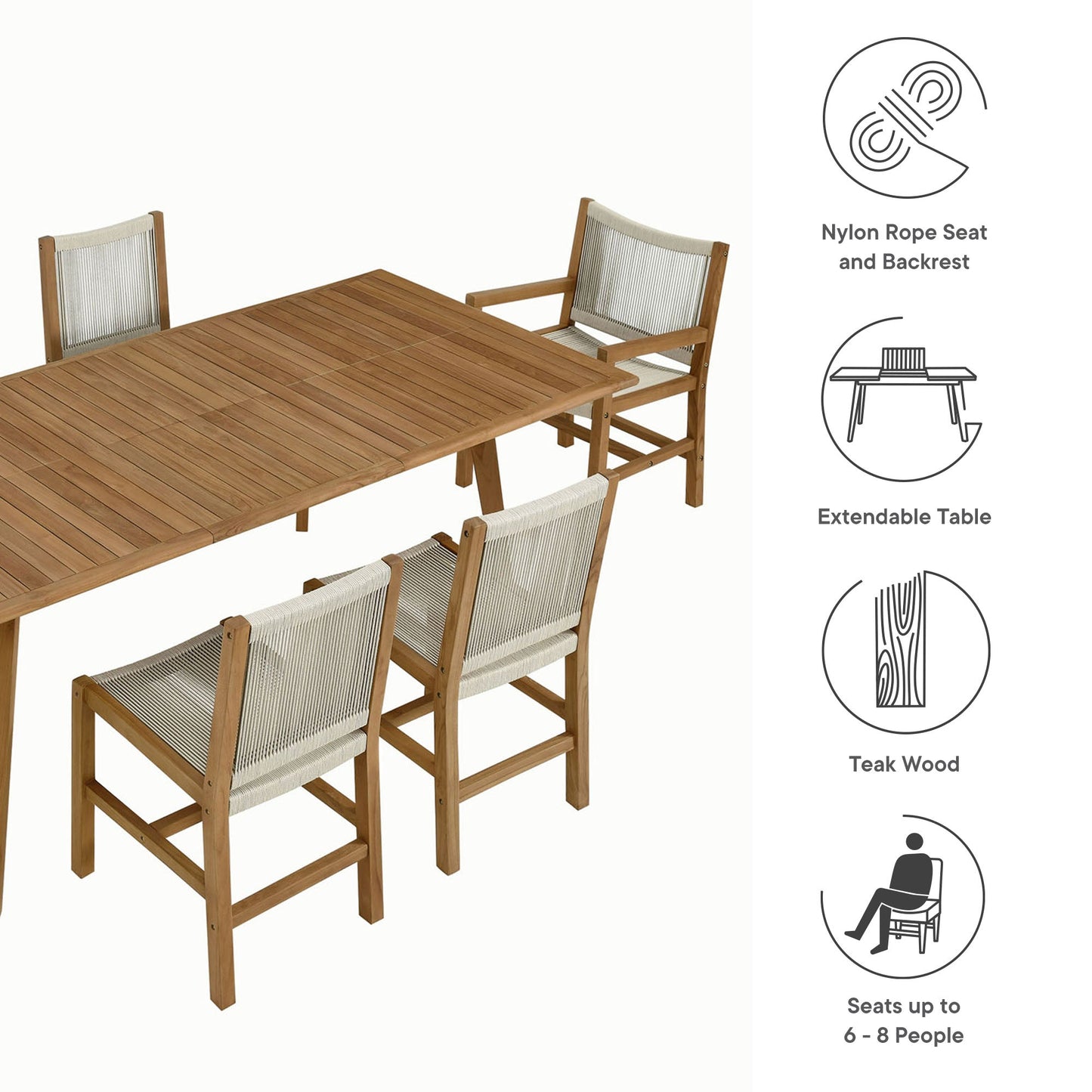 Vienna 7-Piece Outdoor Patio Teak and Rope Dining Set by Modway EEI-6928-NAT-NAT