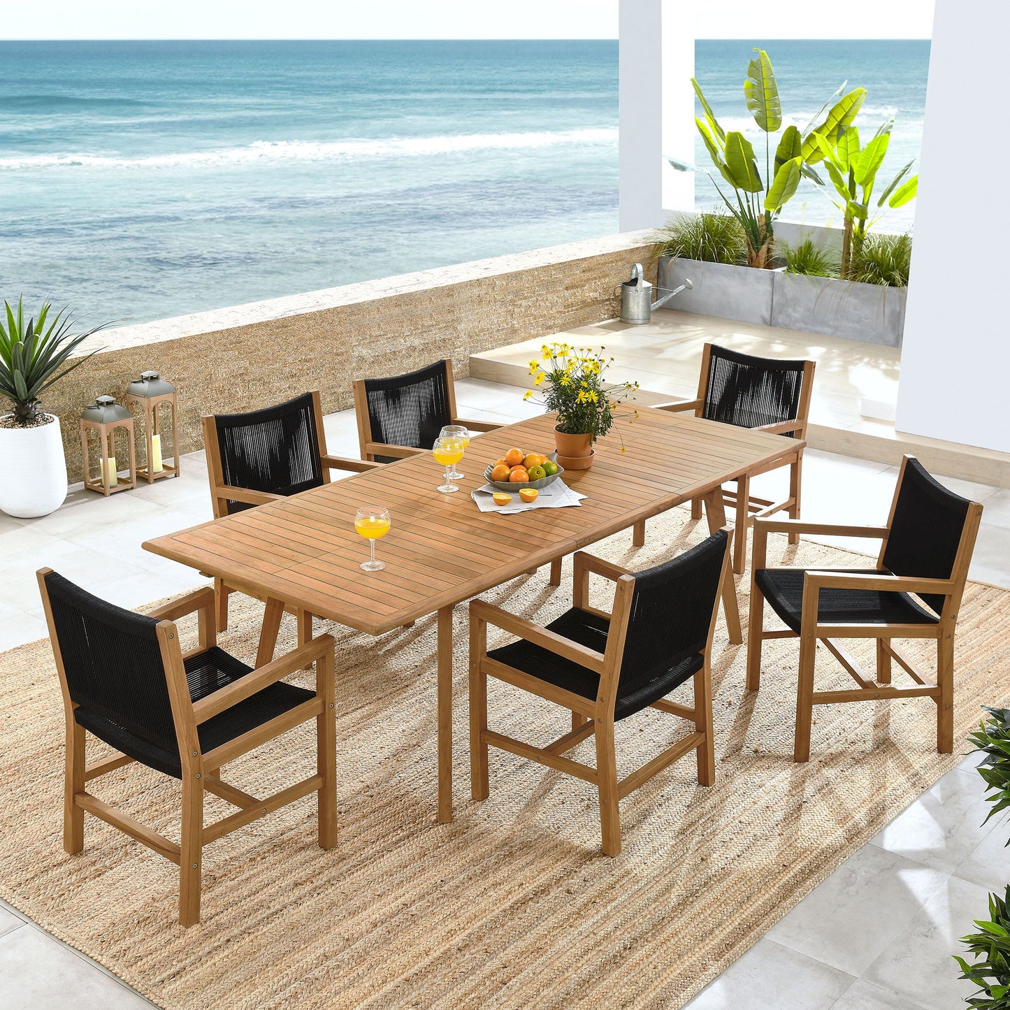Vienna 7-Piece Outdoor Patio Teak and Rope Dining Set with Armchairs by Modway EEI-6929-NAT-BLK