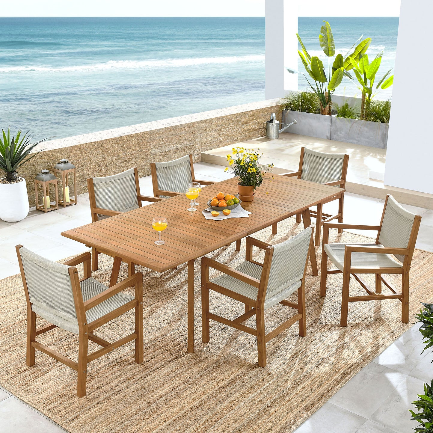 Vienna 7-Piece Outdoor Patio Teak and Rope Dining Set with Armchairs by Modway EEI-6929-NAT-NAT