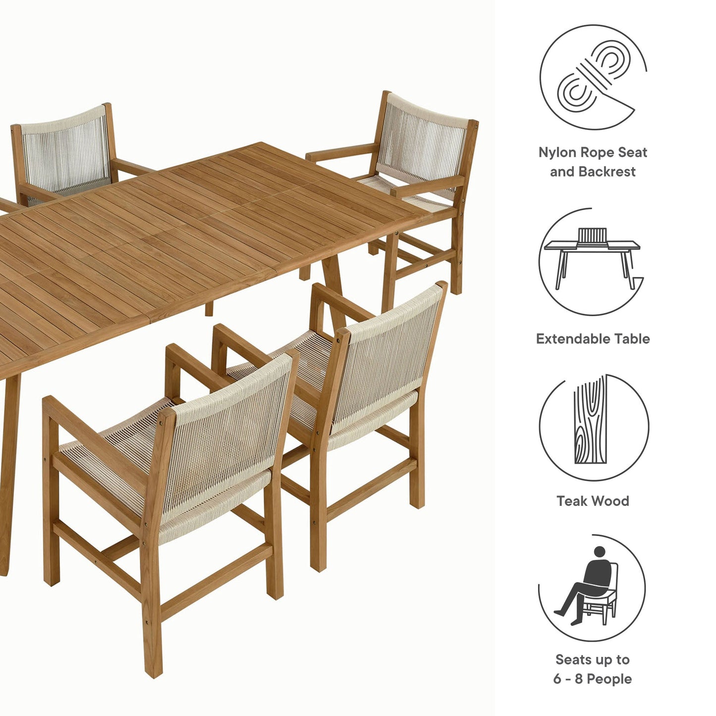 Vienna 7-Piece Outdoor Patio Teak and Rope Dining Set with Armchairs by Modway EEI-6929-NAT-NAT