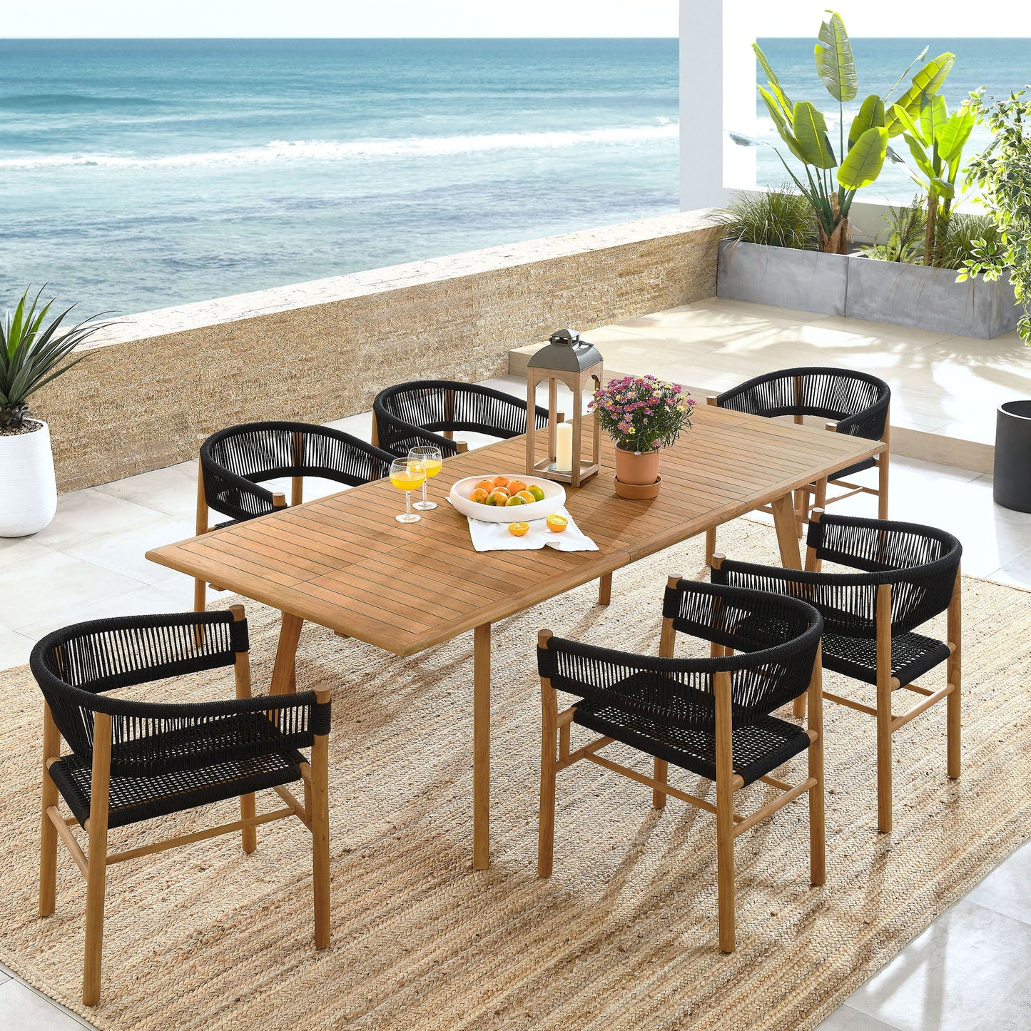 Vienna 7-Piece Outdoor Patio Teak and Rope Dining Set with Curved-Back Armchairs by Modway EEI-6930-NAT-BLK