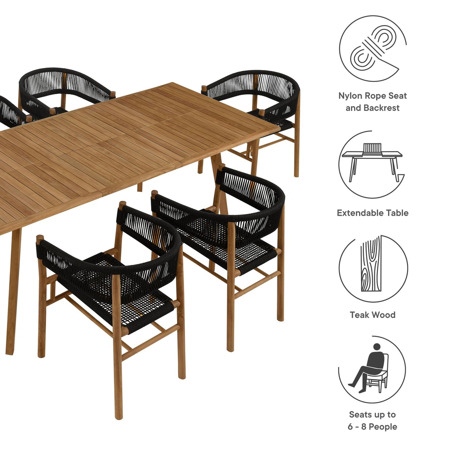 Vienna 7-Piece Outdoor Patio Teak and Rope Dining Set with Curved-Back Armchairs by Modway EEI-6930-NAT-BLK