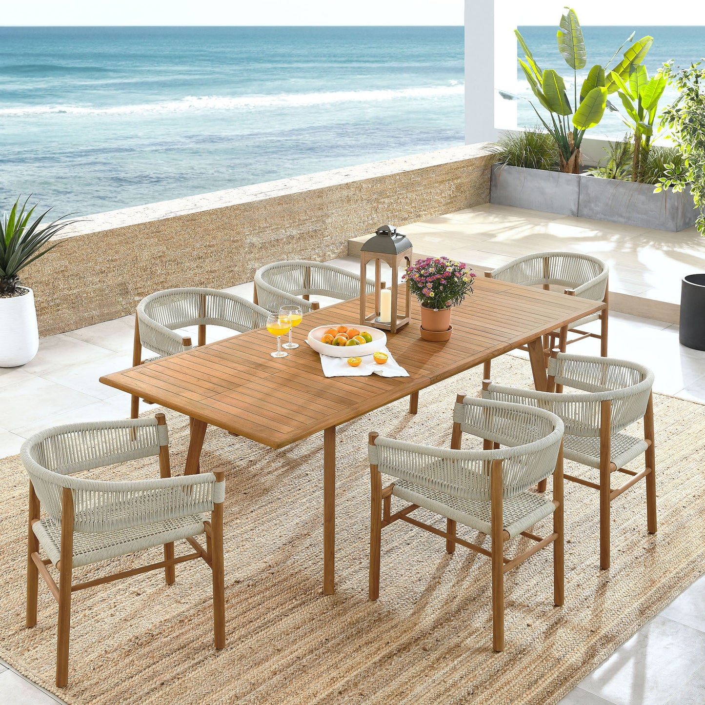 Vienna 7-Piece Outdoor Patio Teak and Rope Dining Set with Curved-Back Armchairs by Modway EEI-6930-NAT-NAT
