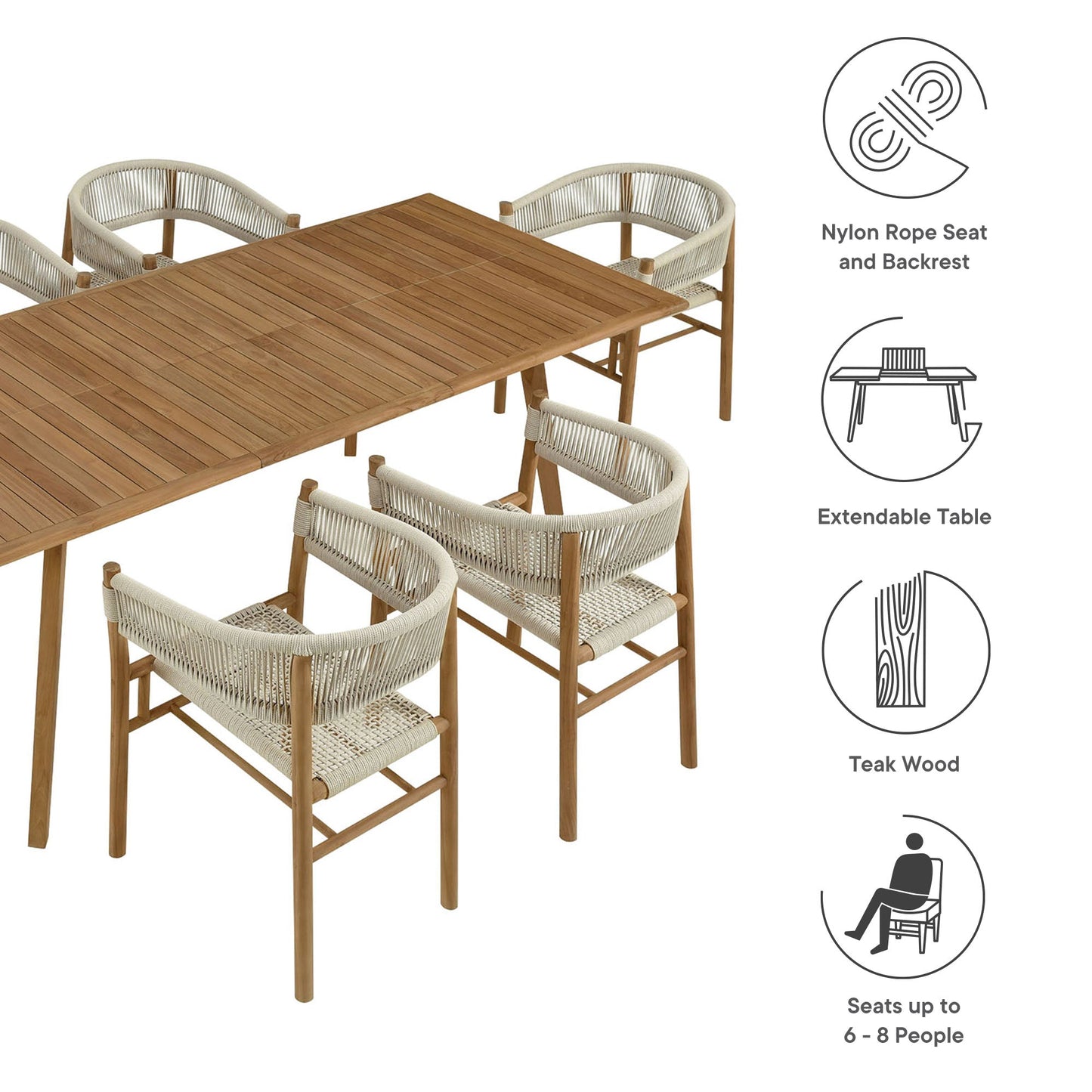 Vienna 7-Piece Outdoor Patio Teak and Rope Dining Set with Curved-Back Armchairs by Modway EEI-6930-NAT-NAT