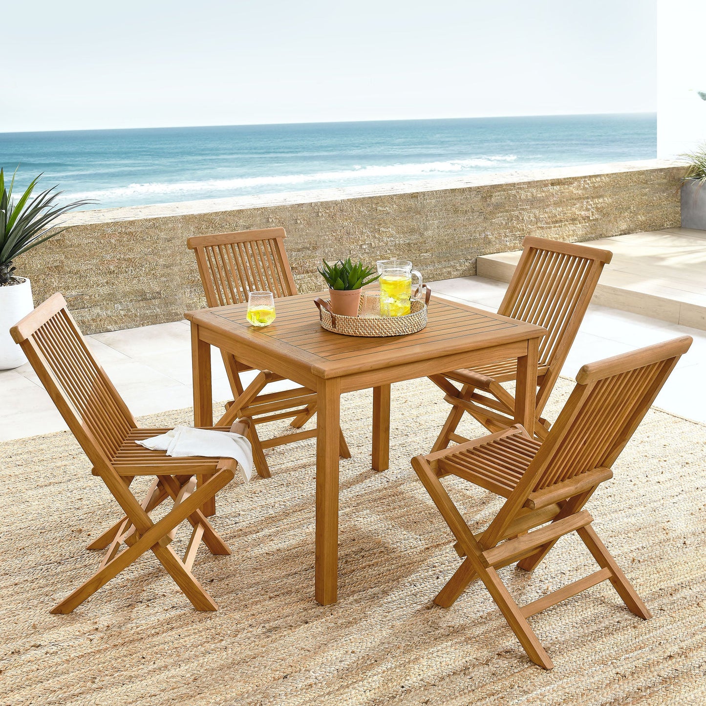 Vienna 5-Piece Outdoor Patio Teak Wood Dining Set with Folding Chairs by Modway EEI-6931-NAT-NAT