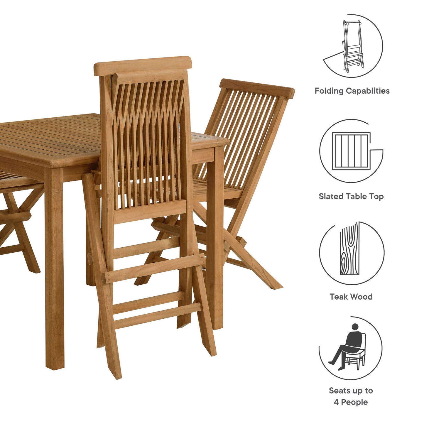 Vienna 5-Piece Outdoor Patio Teak Wood Dining Set with Folding Chairs by Modway EEI-6931-NAT-NAT