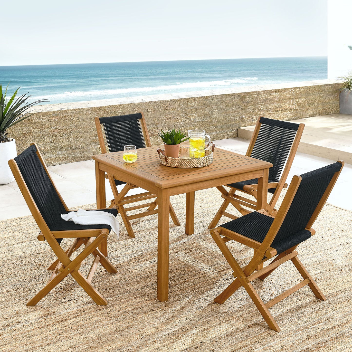 Vienna 5-Piece Outdoor Patio Teak Wood Dining Set with Rope Folding Chairs by Modway EEI-6932-NAT-BLK