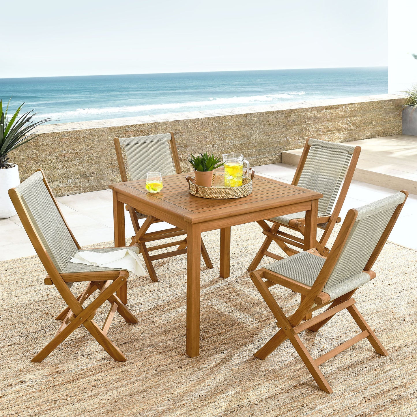 Vienna 5-Piece Outdoor Patio Teak Wood Dining Set with Rope Folding Chairs by Modway EEI-6932-NAT-NAT