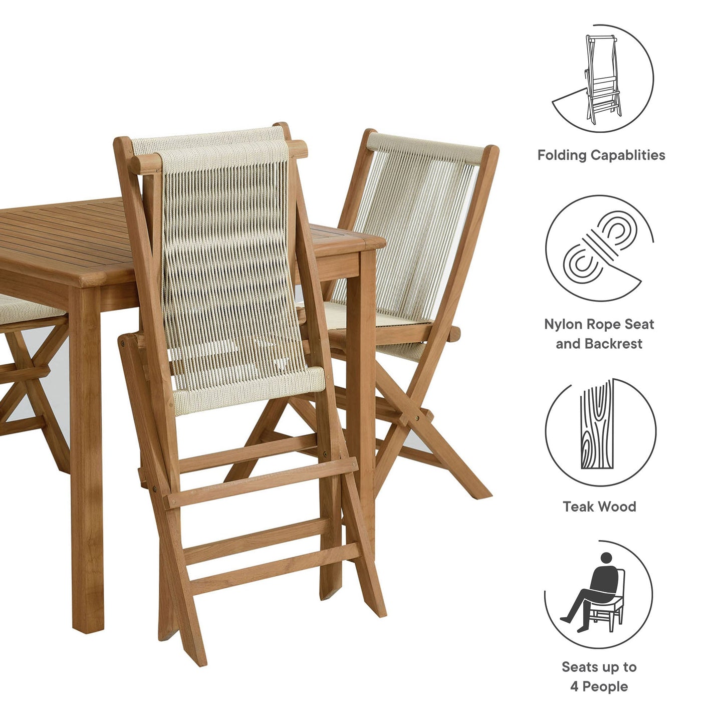 Vienna 5-Piece Outdoor Patio Teak Wood Dining Set with Rope Folding Chairs by Modway EEI-6932-NAT-NAT