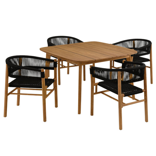 Vienna 5-Piece Outdoor Patio Teak and Rope Dining Set with Curved-Back Armchairs by Modway EEI-6933-NAT-BLK