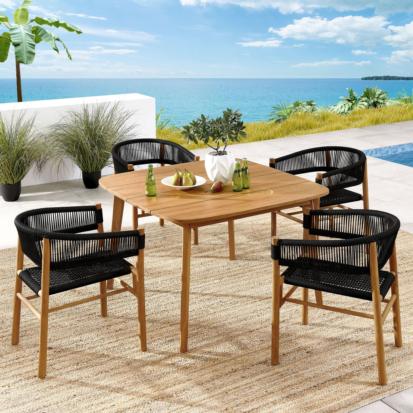 Vienna 5-Piece Outdoor Patio Teak and Rope Dining Set with Curved-Back Armchairs by Modway EEI-6933-NAT-BLK