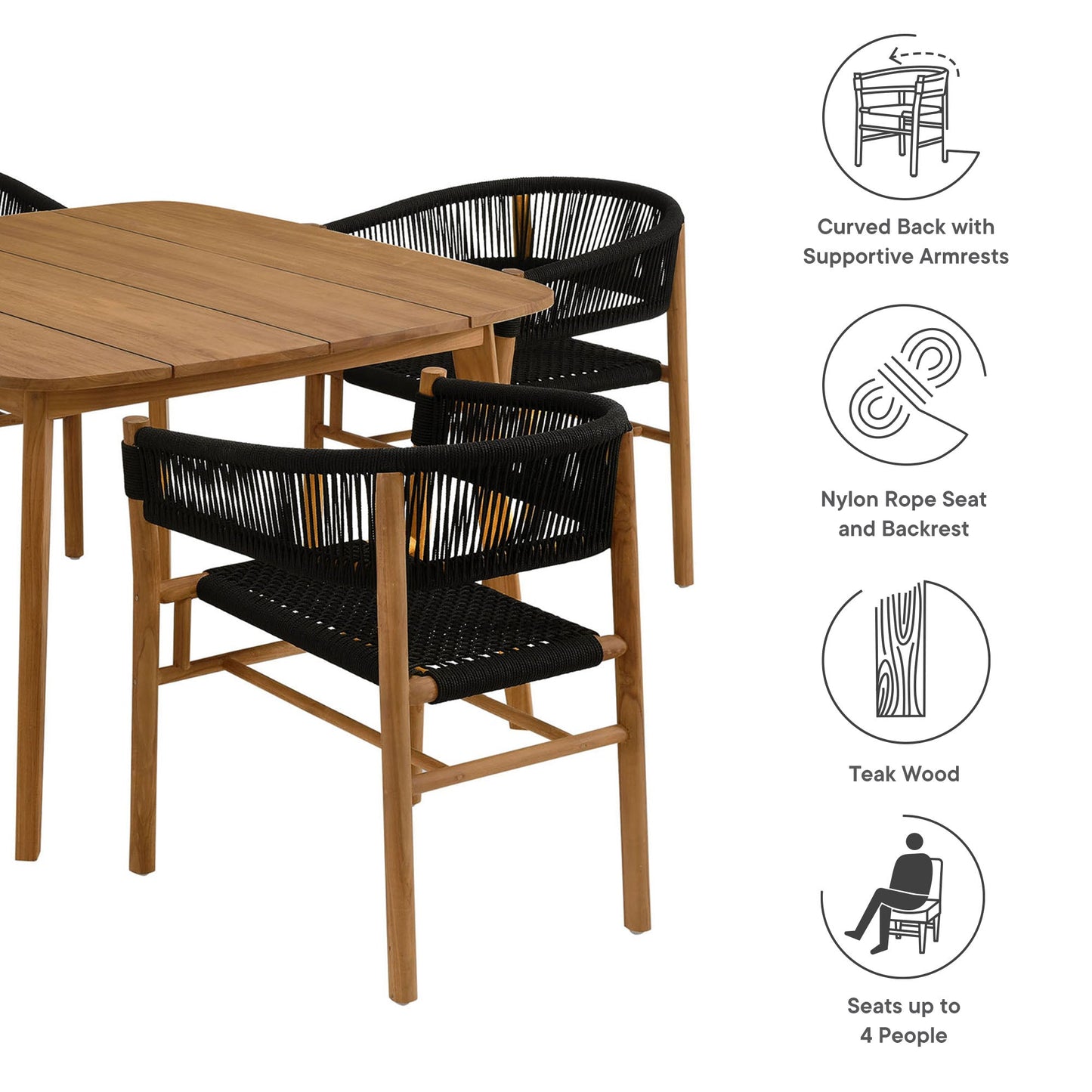 Vienna 5-Piece Outdoor Patio Teak and Rope Dining Set with Curved-Back Armchairs by Modway EEI-6933-NAT-BLK