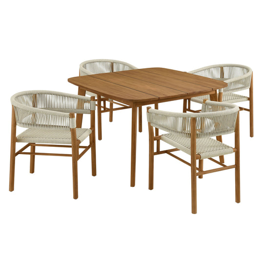 Vienna 5-Piece Outdoor Patio Teak and Rope Dining Set with Curved-Back Armchairs by Modway EEI-6933-NAT-NAT