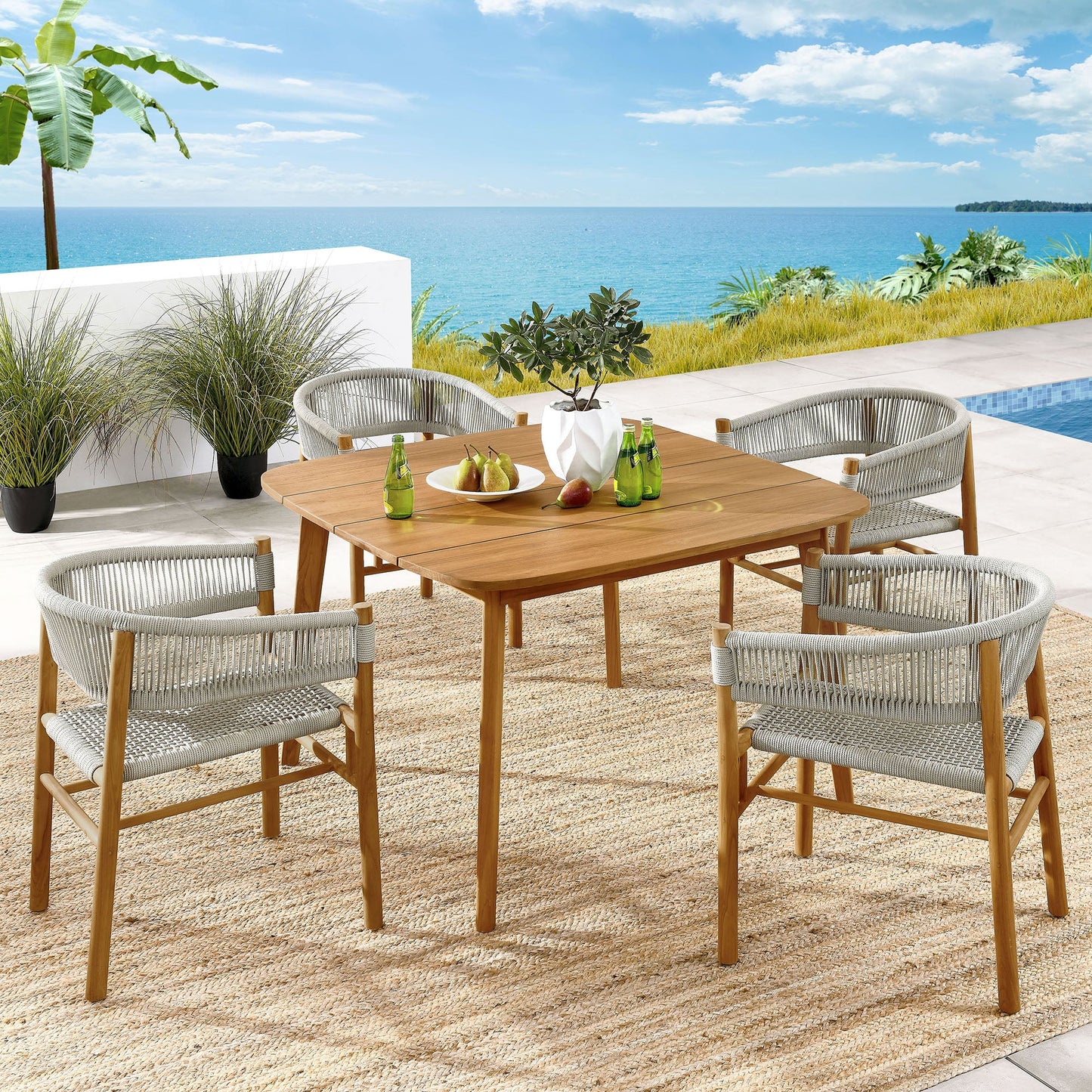 Vienna 5-Piece Outdoor Patio Teak and Rope Dining Set with Curved-Back Armchairs by Modway EEI-6933-NAT-NAT