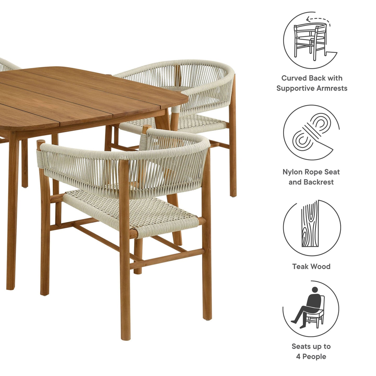 Vienna 5-Piece Outdoor Patio Teak and Rope Dining Set with Curved-Back Armchairs by Modway EEI-6933-NAT-NAT