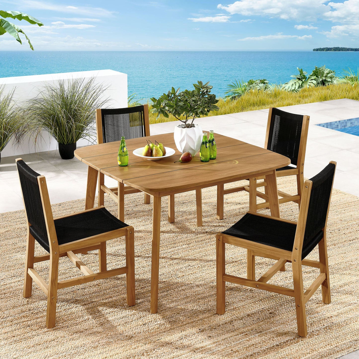 Vienna 5-Piece Outdoor Patio Teak and Rope Dining Set with Armless Chairs by Modway EEI-6934-NAT-BLK