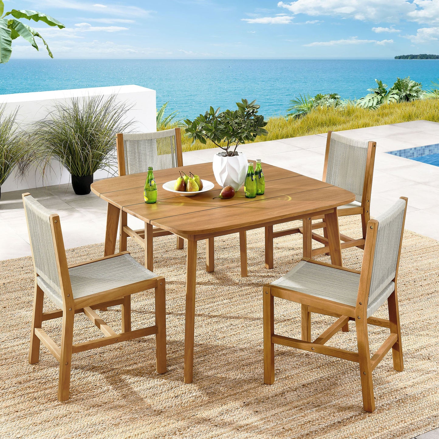 Vienna 5-Piece Outdoor Patio Teak and Rope Dining Set with Armless Chairs by Modway EEI-6934-NAT-NAT