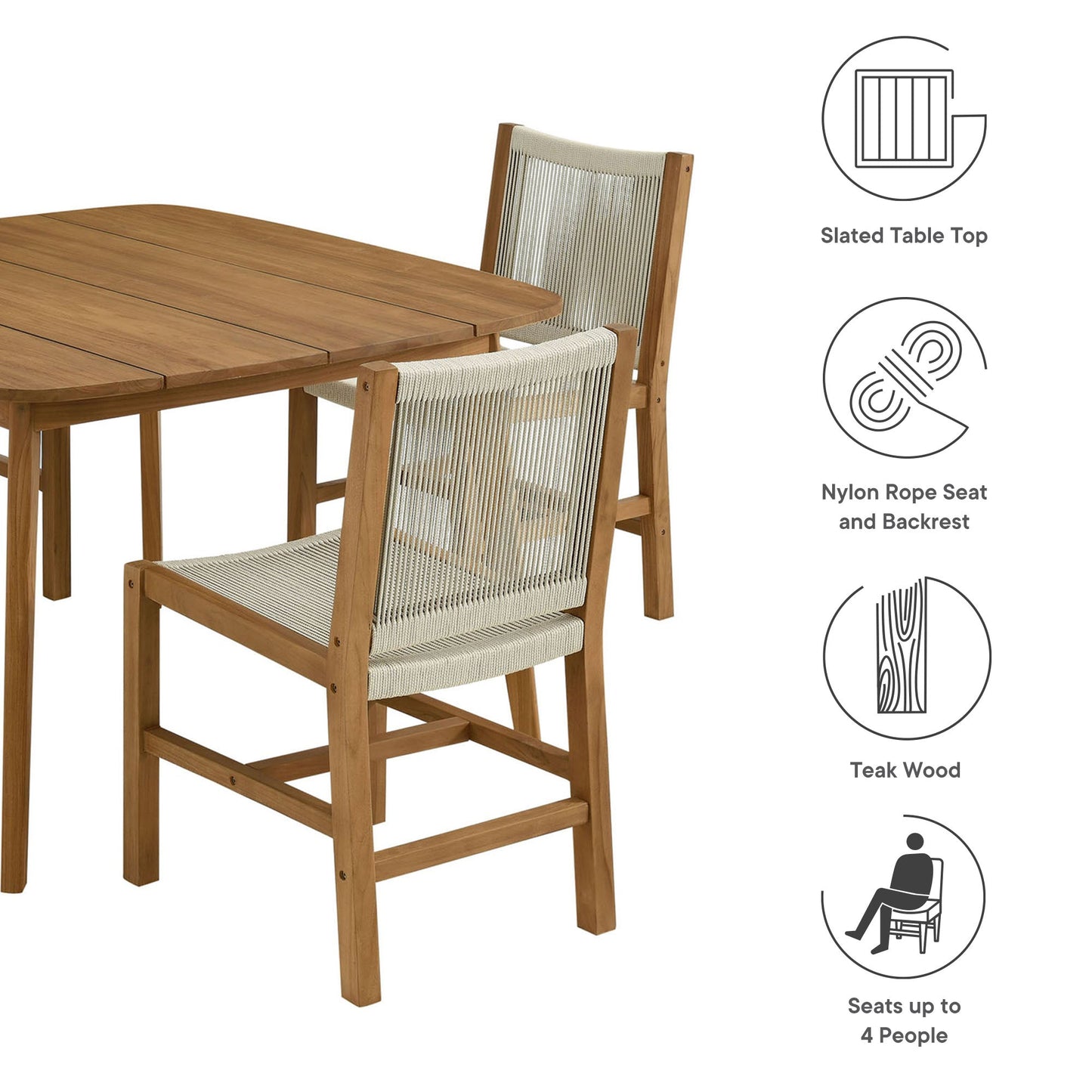 Vienna 5-Piece Outdoor Patio Teak and Rope Dining Set with Armless Chairs by Modway EEI-6934-NAT-NAT