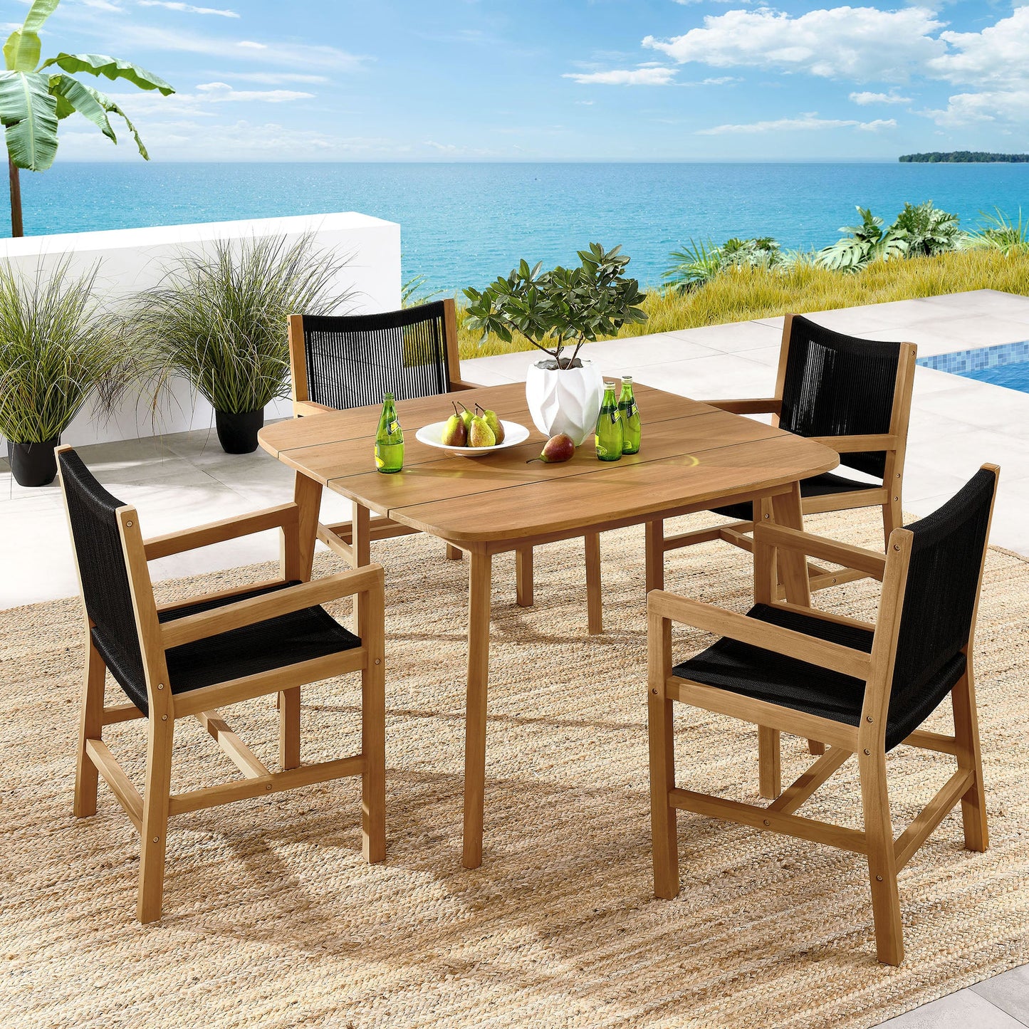 Vienna 5-Piece Outdoor Patio Teak and Rope Dining Set with Armchairs by Modway EEI-6935-NAT-BLK