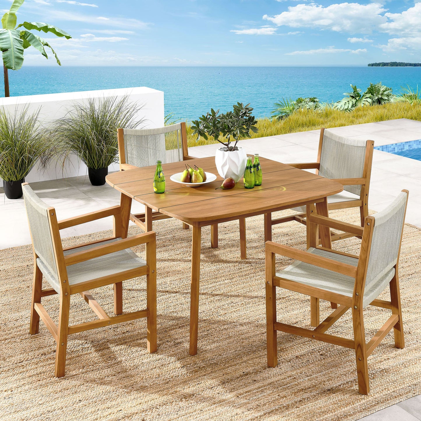 Vienna 5-Piece Outdoor Patio Teak and Rope Dining Set with Armchairs by Modway EEI-6935-NAT-NAT